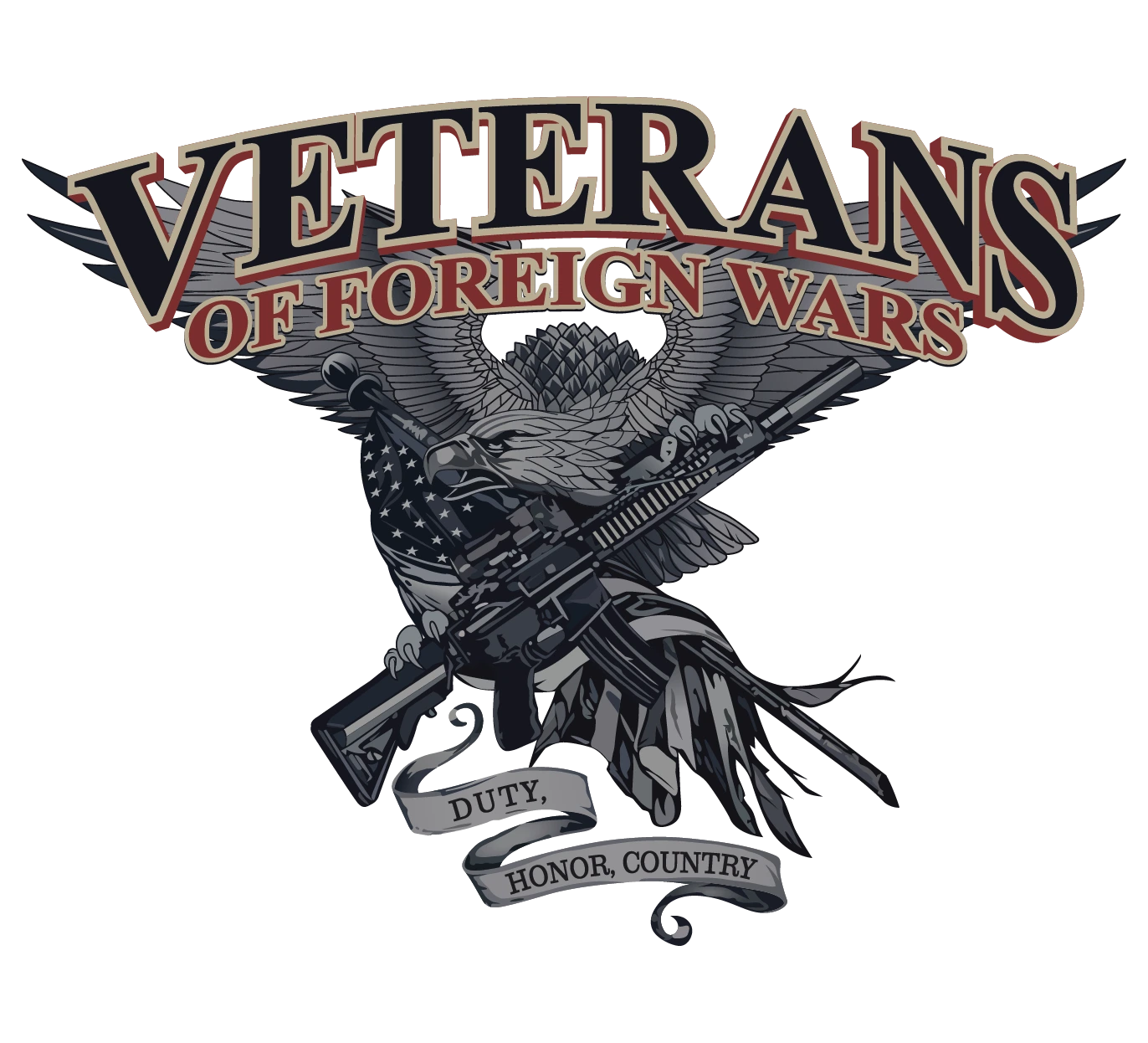 Military-themed design with eagle, American flag, rifles, and bold text "Veterans of Foreign Wars – Duty, Honor, Country."